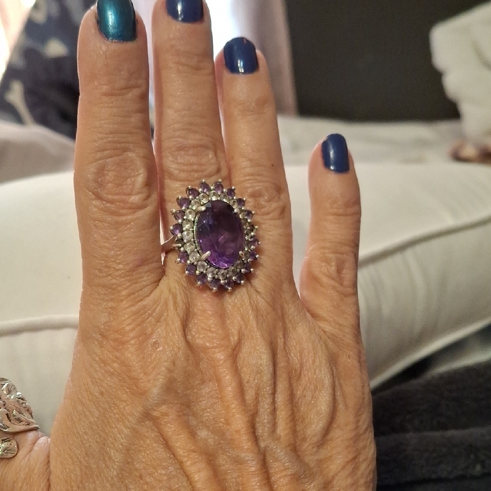 Amethyst and White Topaz Halo Ring Set In Solid Sterling Silver .925 Mk Sz 6.5 - Picture 8 of 10